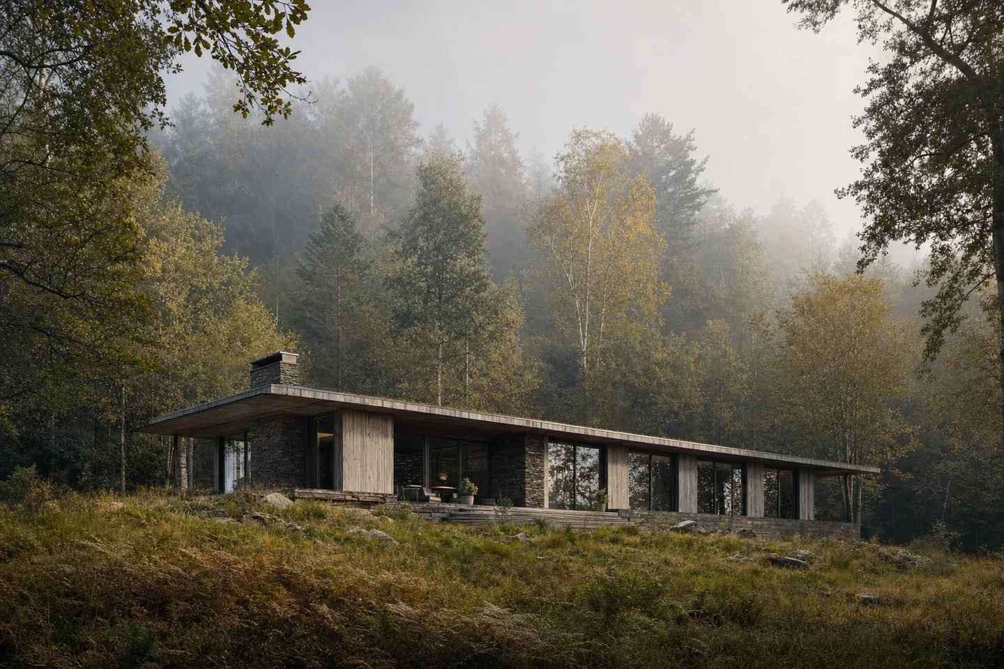 Maison bois de luxe intégrée dans une clairière forestière
