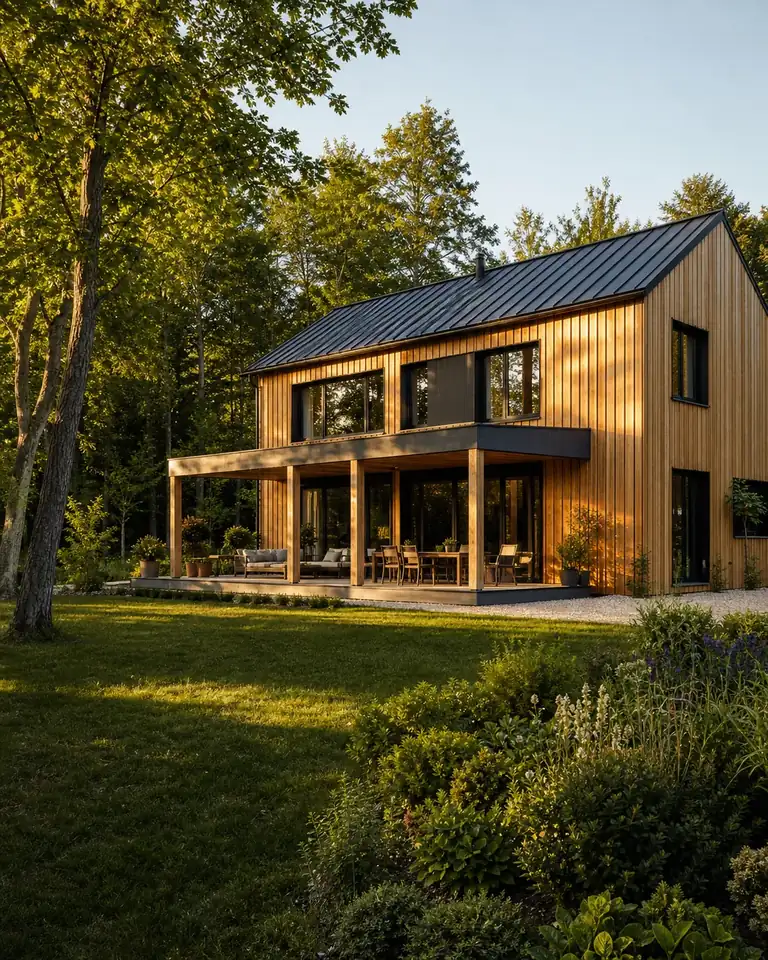 Maison contemporaine à ossature bois avec bardage en douglas, dans un jardin arboré