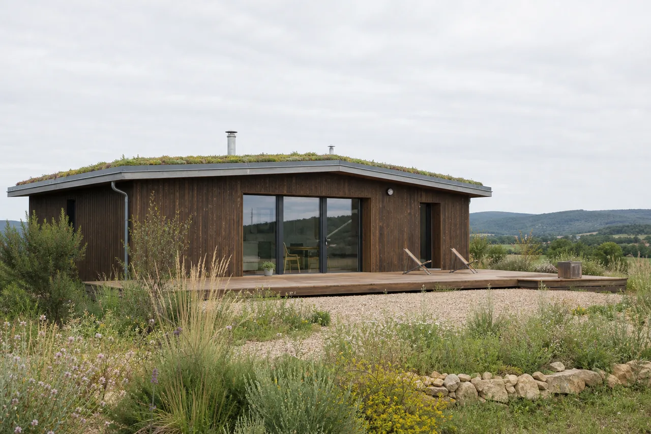 Maison bois bioclimatique ouverte sur un jardin naturel