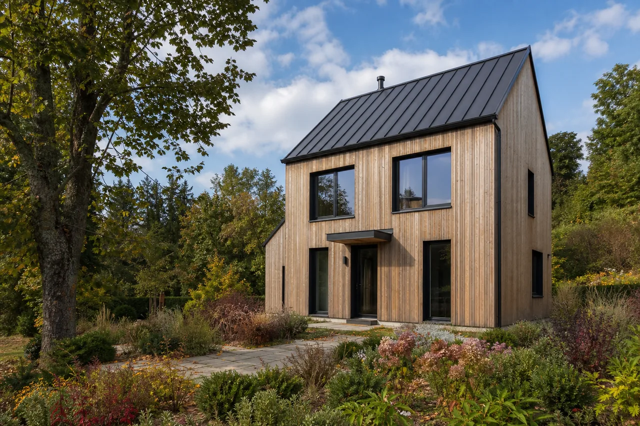 Réalisation de maison bois contemporaine à toit à deux pans