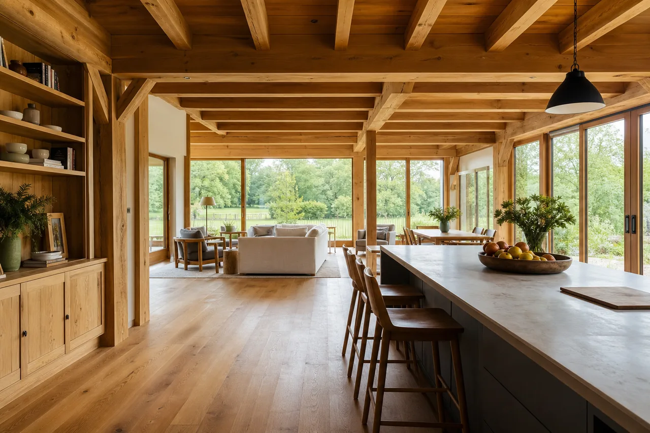 Intérieur lumineux d’une maison à ossature bois