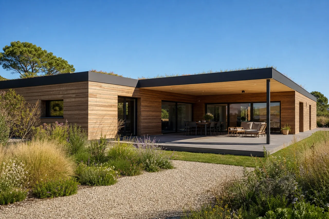 Maison bois moderne à toit plat dans un jardin paysager